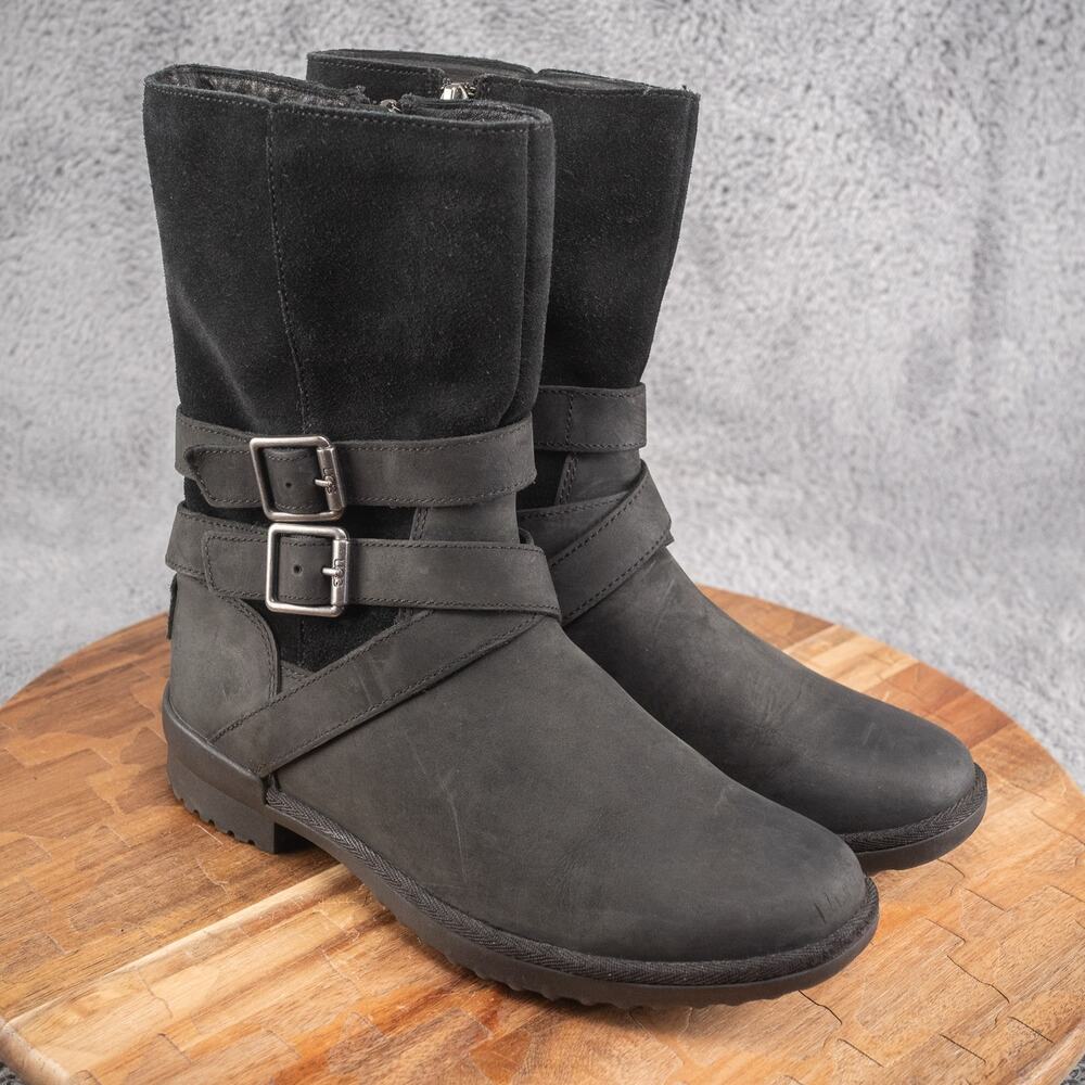 UGG Lorna Waterproof Nubuck Leather Buckle Moto Boots Black Womens Size‎ 6